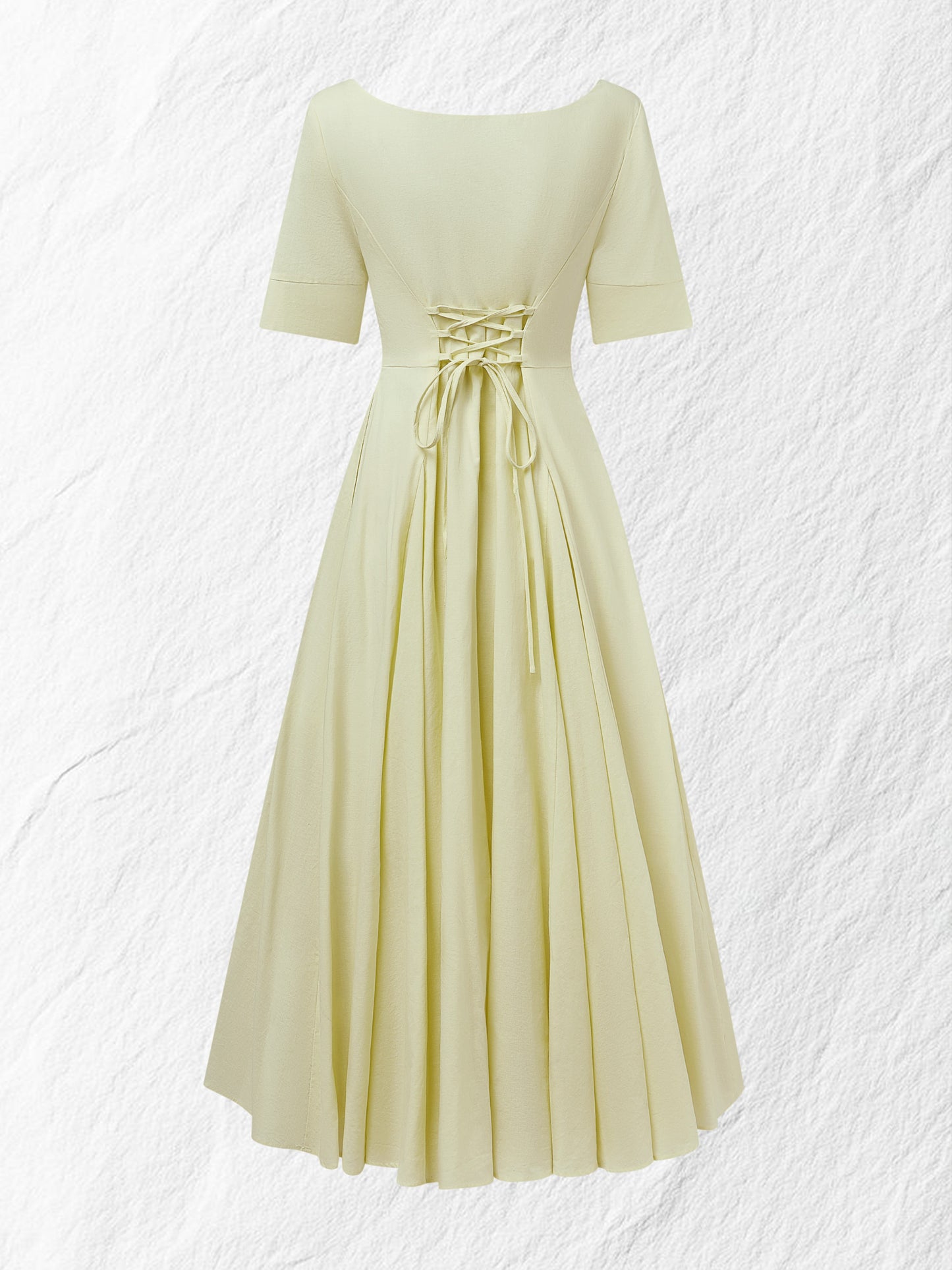 Robe longue en lin, Manches courtes, Encolure carrée, Unie, Vacances, Vintage français, Jaune clair