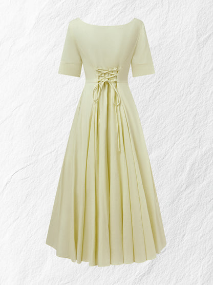 Robe longue en lin, Manches courtes, Encolure carrée, Unie, Vacances, Vintage français, Jaune clair