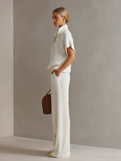 Chic Elegant Cream White Zipper-Up Stand Collar Oversize Short-Sleeve Sweater  Wide-Leg Pants Ribbed Knit Two-Piece Set