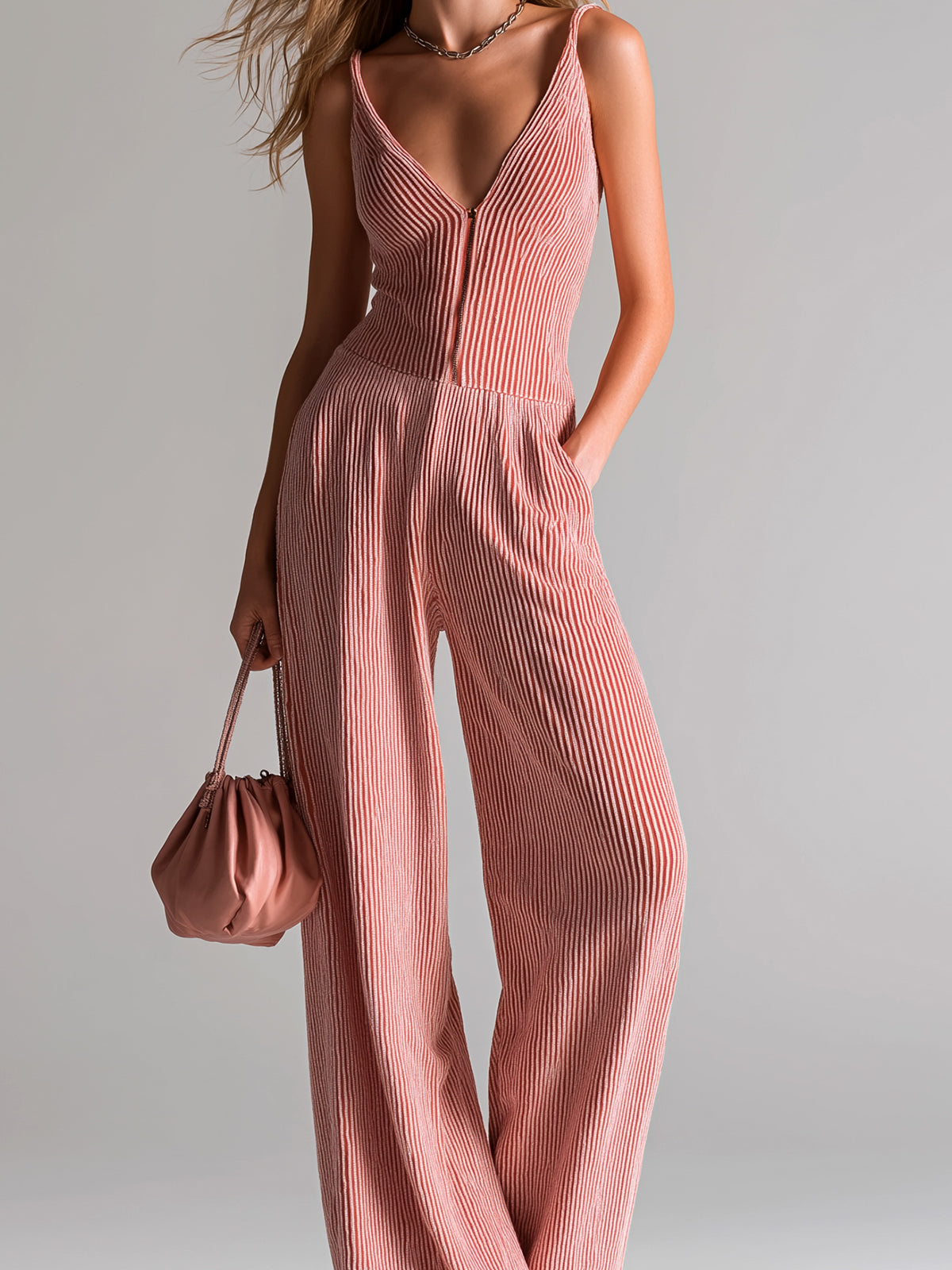 Chic Casual Red-White Stripes V-Neck Zipper-Front Sleeveless Tailored Waist Wide-Leg Knit Jumpsuit