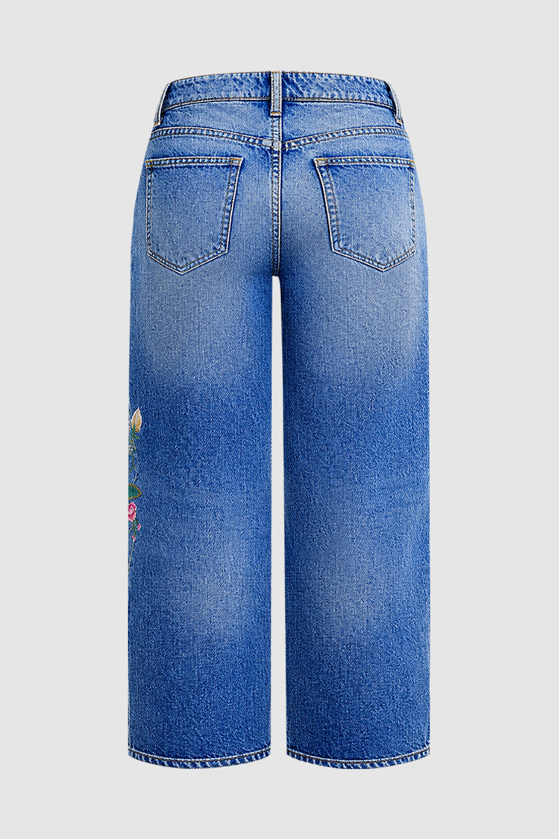 Wash Floral Embroidery Mid Rise Straight Leg Crop Jeans
