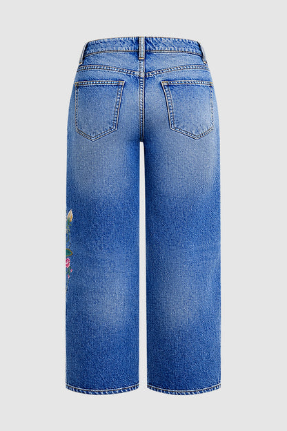 Wash Floral Embroidery Mid Rise Straight Leg Crop Jeans