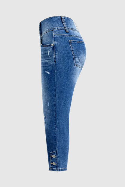 Wash Button Decor Mid Waist Skinny Capri Jeans