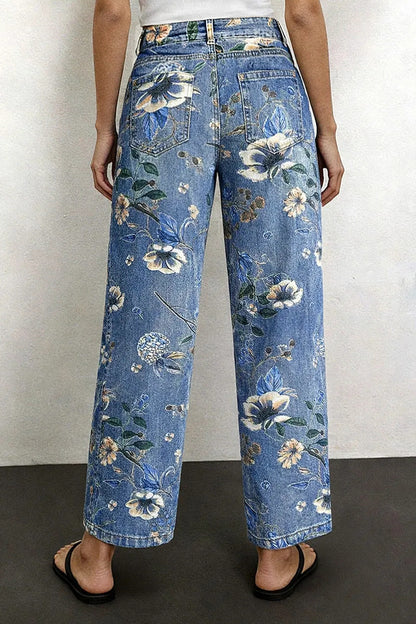 Allover Floral Pattern Straight Leg High Rise Crop Jeans