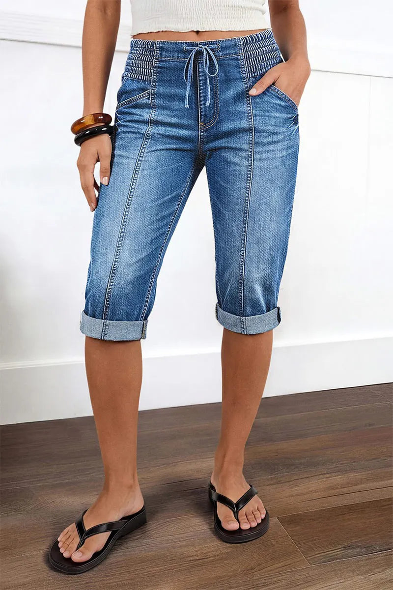 Drawstring Roll Hem Shirred Mid Waist Skinny Capri Jeans