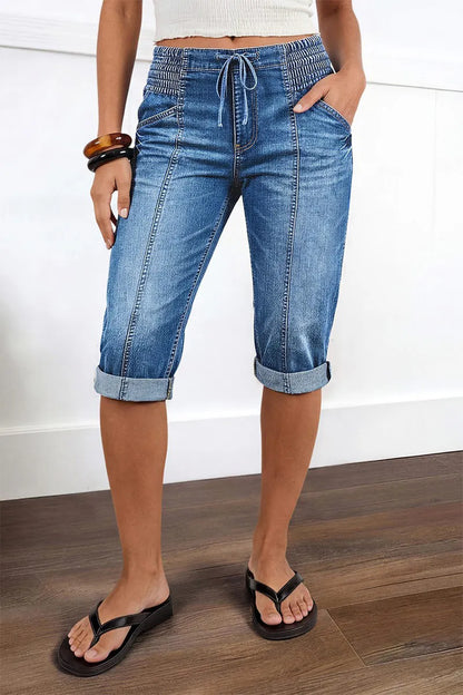 Drawstring Roll Hem Shirred Mid Waist Skinny Capri Jeans