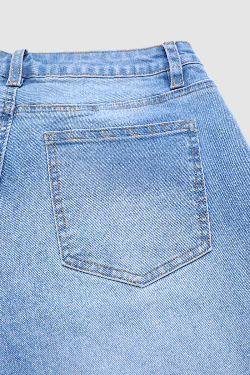 Wash Ripped Roll Hem Button Fly Mid Rise Straight Leg Crop Jeans