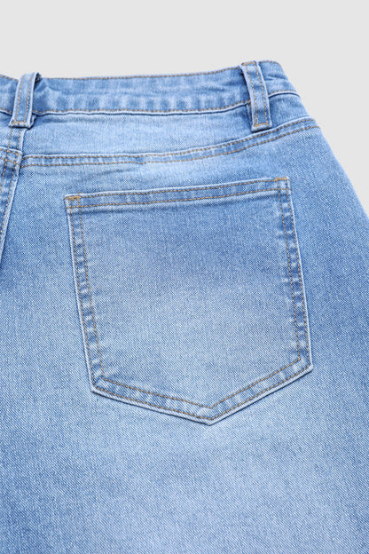 Wash Ripped Roll Hem Button Fly Mid Rise Straight Leg Crop Jeans