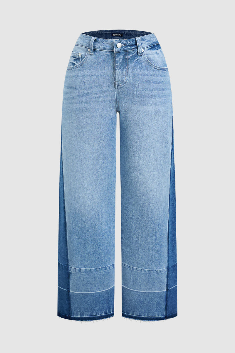 Cut & Sew Raw Hem Mid Rise Wide Leg Jeans Without Belt