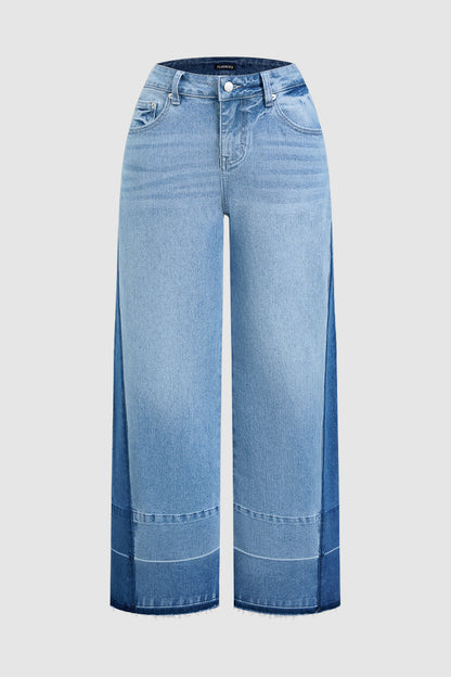 Cut & Sew Raw Hem Mid Rise Wide Leg Jeans Without Belt