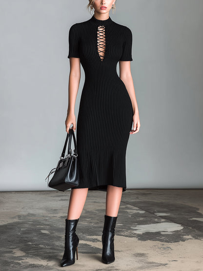 Chic Elegant Black Mock Neck Lace-Up Detail Short Sleeve Slim-Fit Mermaid Hem Ribbed Knit Bodycon Midi Dress