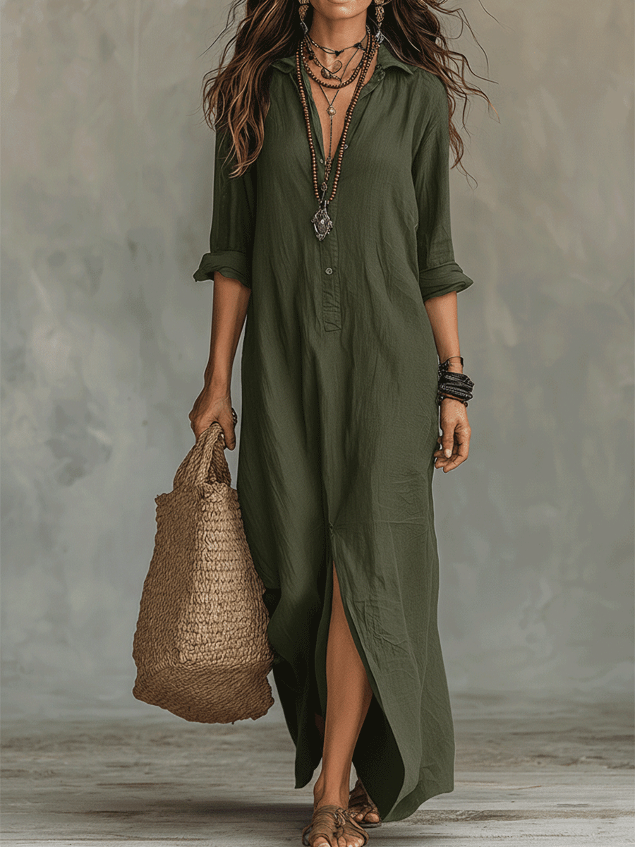 Robe longue bohème noire boutonnée sur le devant