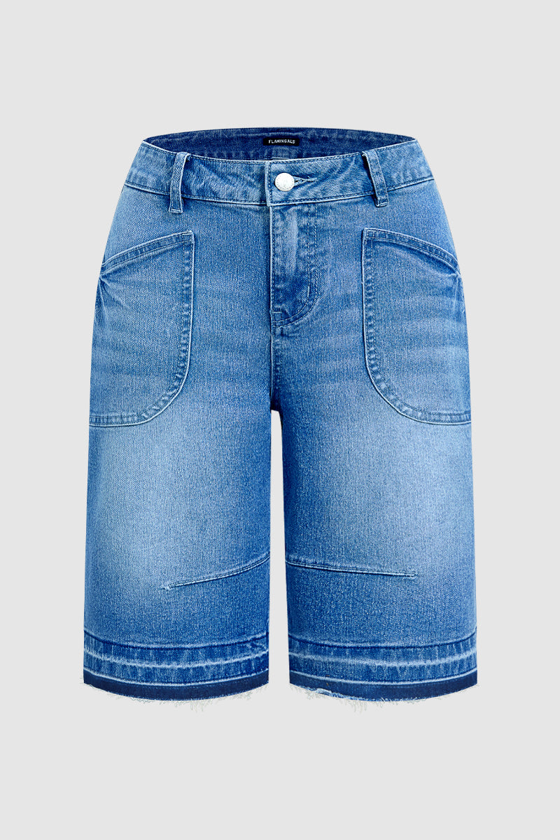 Raw Hem Mid Waist Denim Bermuda Shorts Without Belt