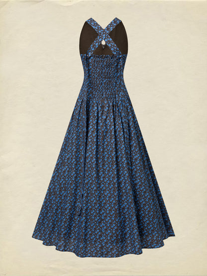 Robe longue en coton, sans manches, col en V, motifs floraux, dentelle, vintage, bleue