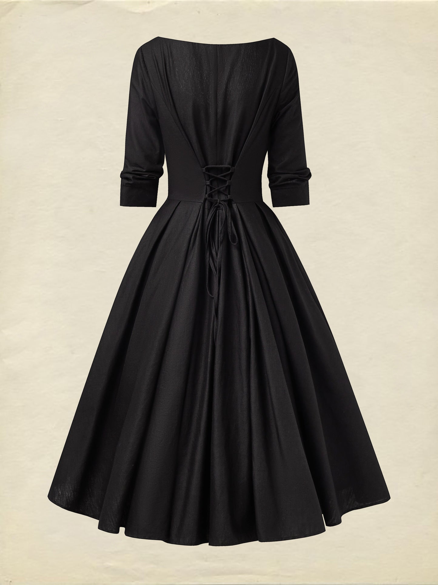 Robe Midi en Lin, Manches Mi-longues, Col Cœur, Unie, Dentelle, Vintage, Noir
