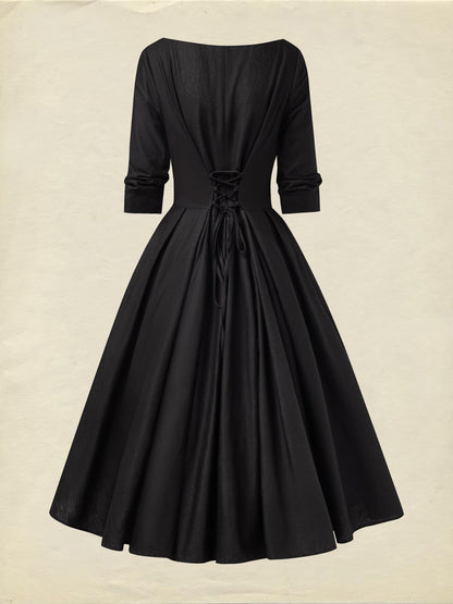 Robe Midi en Lin, Manches Mi-longues, Col Cœur, Unie, Dentelle, Vintage, Noir