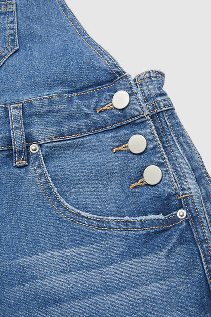 Stitch Detail Button Side Barrel Leg Denim Crop Overalls