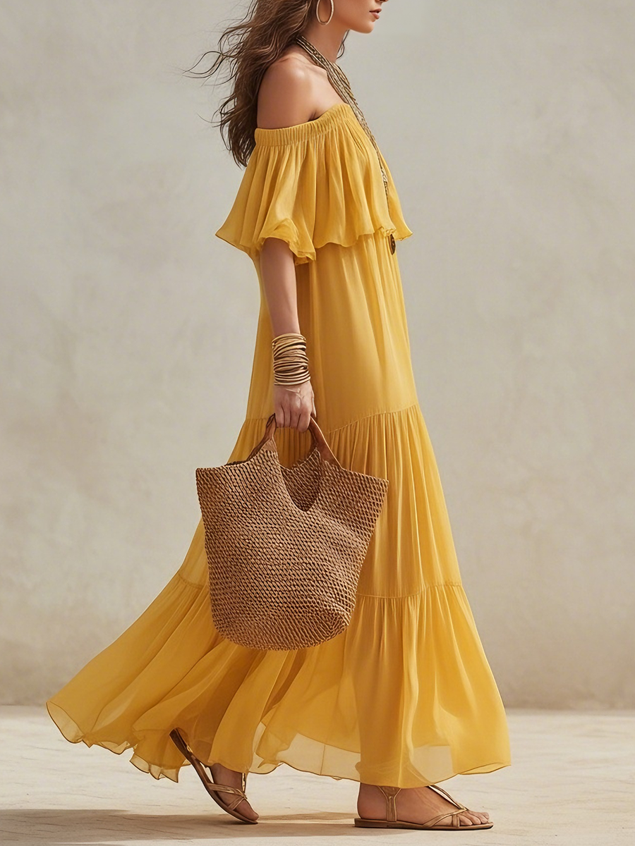 Robe longue en mousseline de soie étagée jaune tournesol vif à épaules dénudées