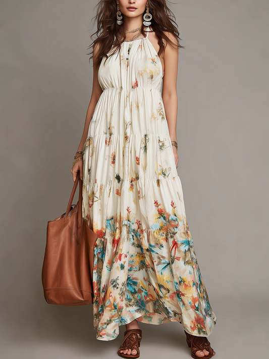 Robe longue étagée en tissu doux à imprimé floral