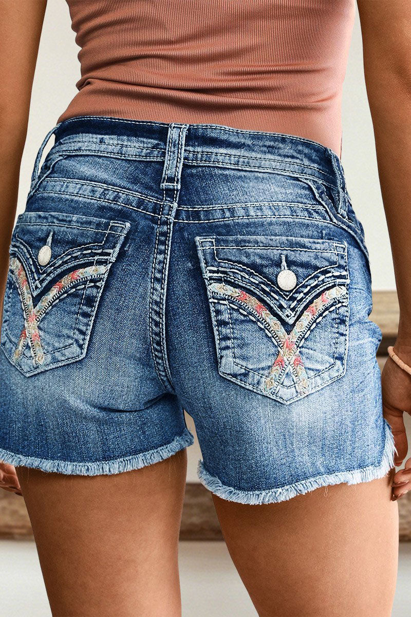 Raw Hem Embroidery Flap Decor Split Mid Waist Denim Shorts