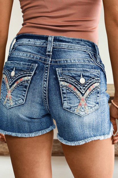 Raw Hem Embroidery Flap Decor Split Mid Waist Denim Shorts