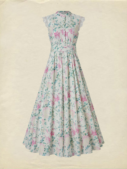 Robe longue en coton, sans manches, col en V, florale, en dentelle, vacances, vintage, abricot