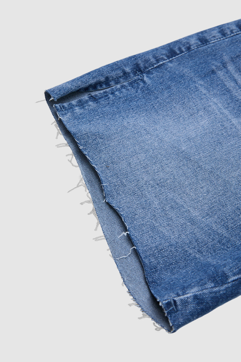 Wash Split Raw Hem Flap Pocket Mid Rise Denim Shorts