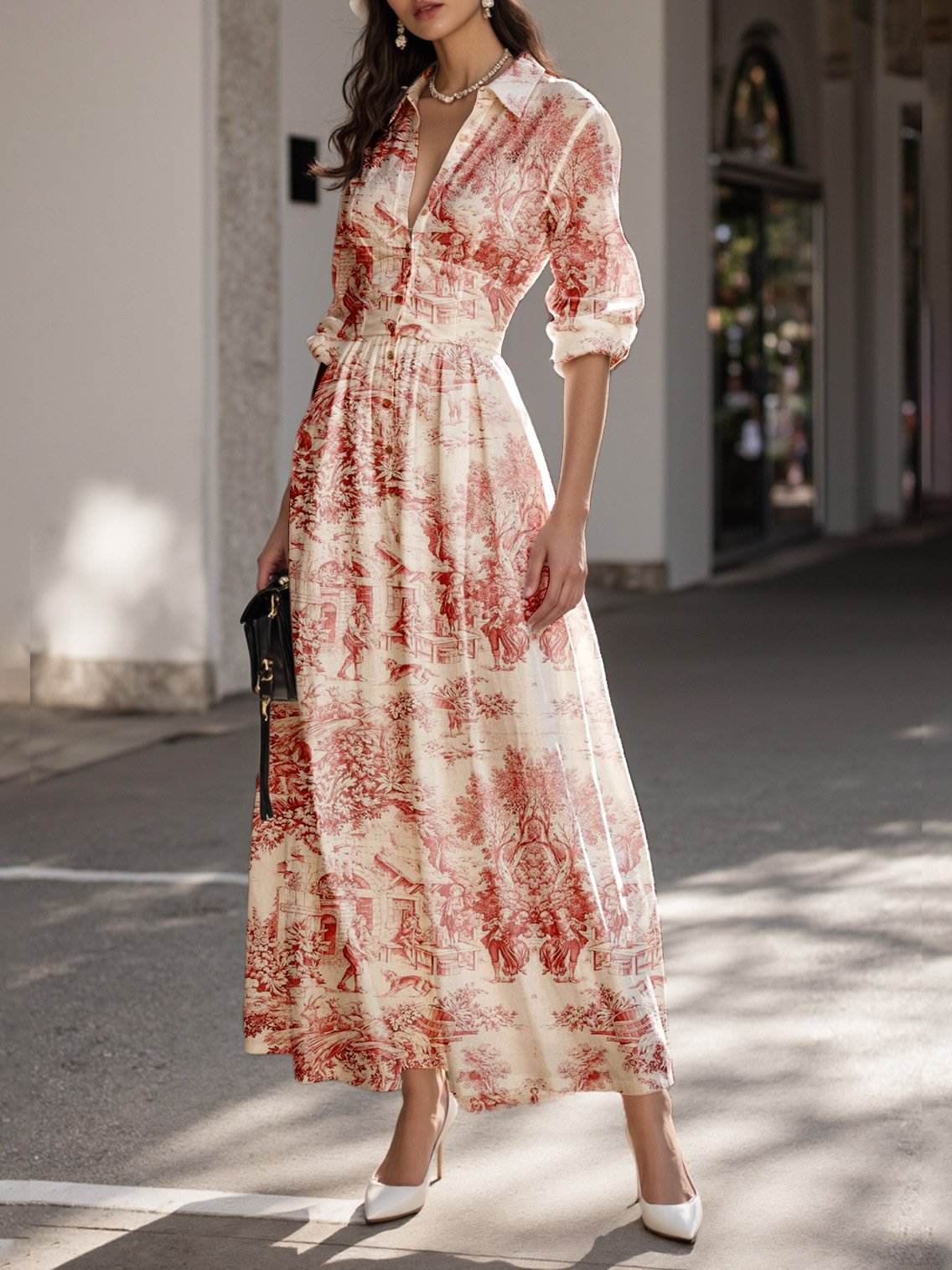 Robe longue en lin, Manches mi-longues, Col châle, Motif floral, Boutonnée, Style français vintage, Blanche