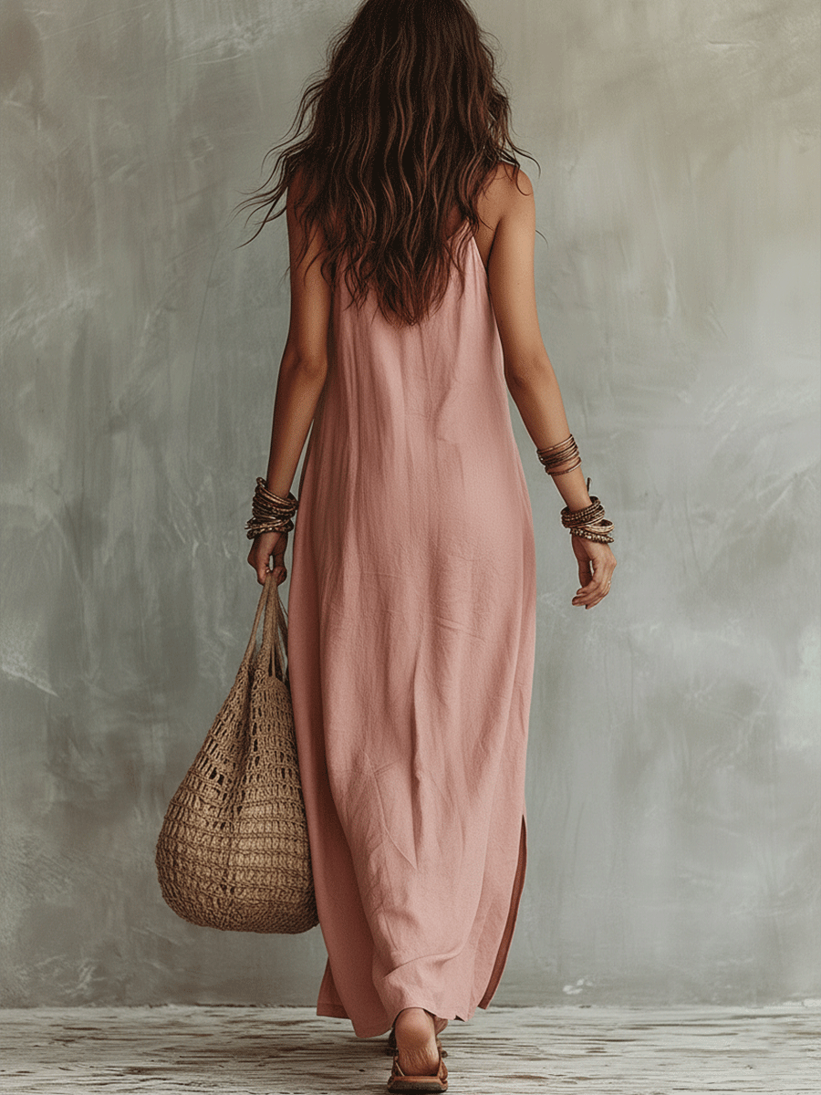 Robe longue fluide bohème boutonnée en lin rose