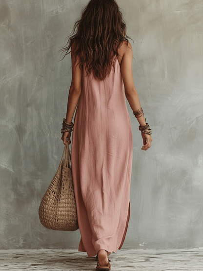 Robe longue fluide bohème boutonnée en lin rose