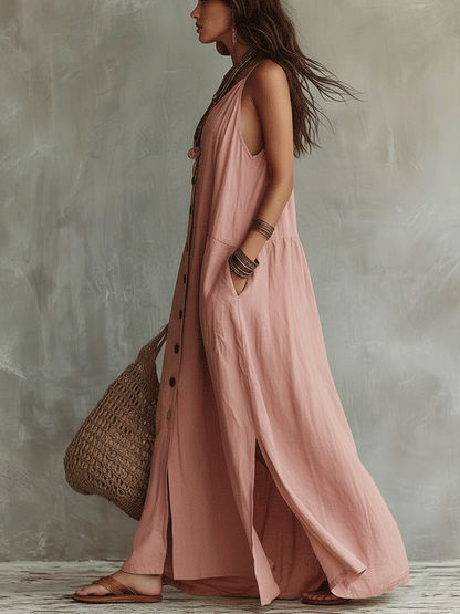 Robe longue fluide bohème boutonnée en lin rose