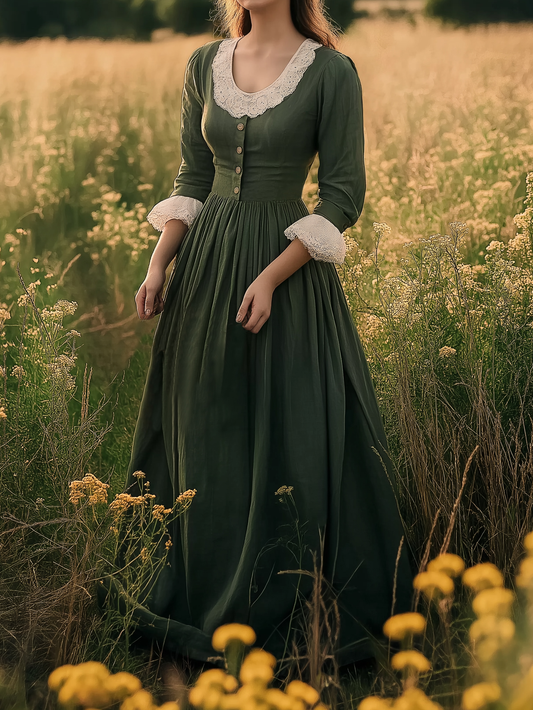 Robe longue en lin, manches longues, col rond, laçage, mélange de lin, vert foncé
