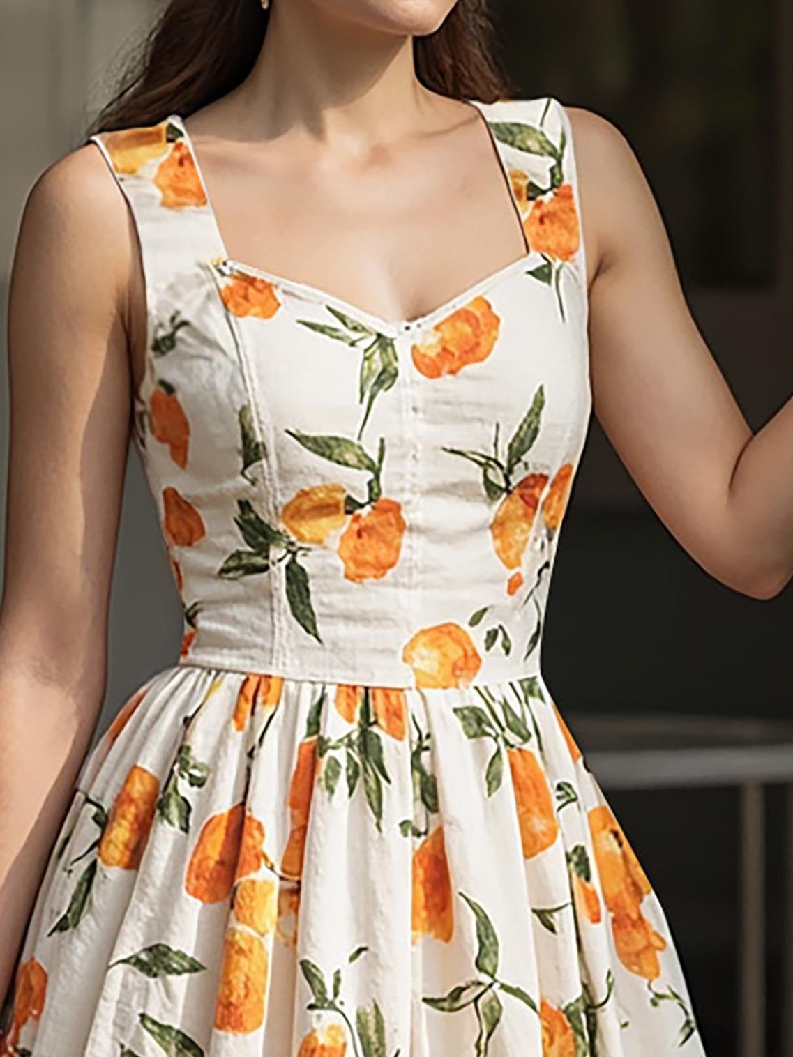 Robe longue en lin, sans manches, encolure en cœur, imprimé fruits, vacances, vintage français, orange