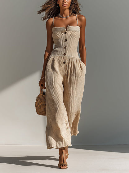 Chic Elegant Light Camel Strappy Off-The-Shoulder Button-Front Loose-Fit Wide-Leg Ribbed Knit Jumpsuit