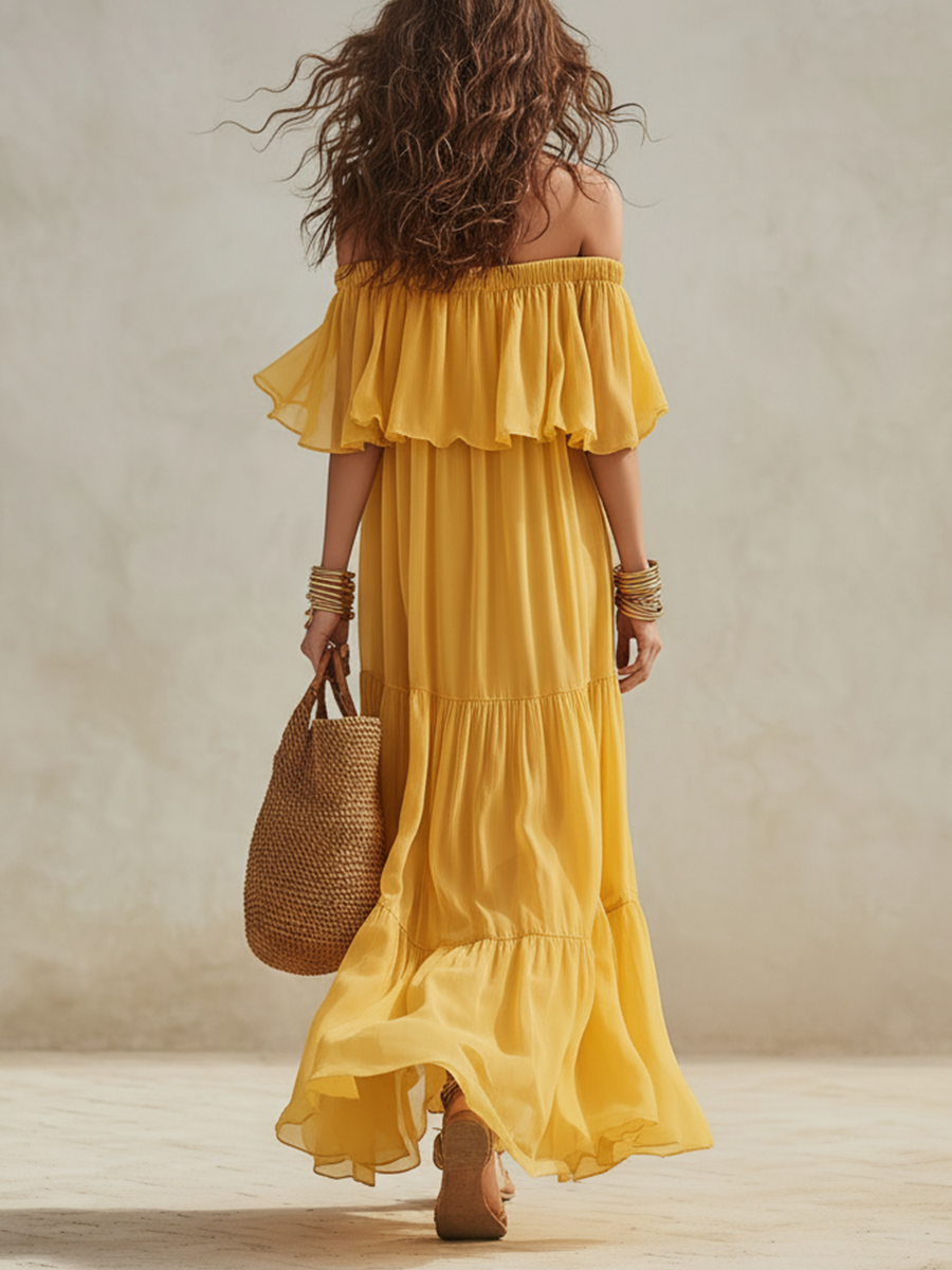 Robe longue en mousseline de soie étagée jaune tournesol vif à épaules dénudées