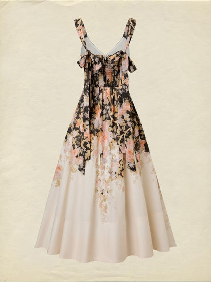 Robe midi en coton, sans manches, encolure en cœur, florale, à bretelles, vacances, vintage, abricot