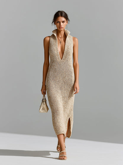 Chic Casual Light Camel Stand Collar Deep V-Neck Sleeveless Side-Slit Loose-Fit Knit Midi Dress