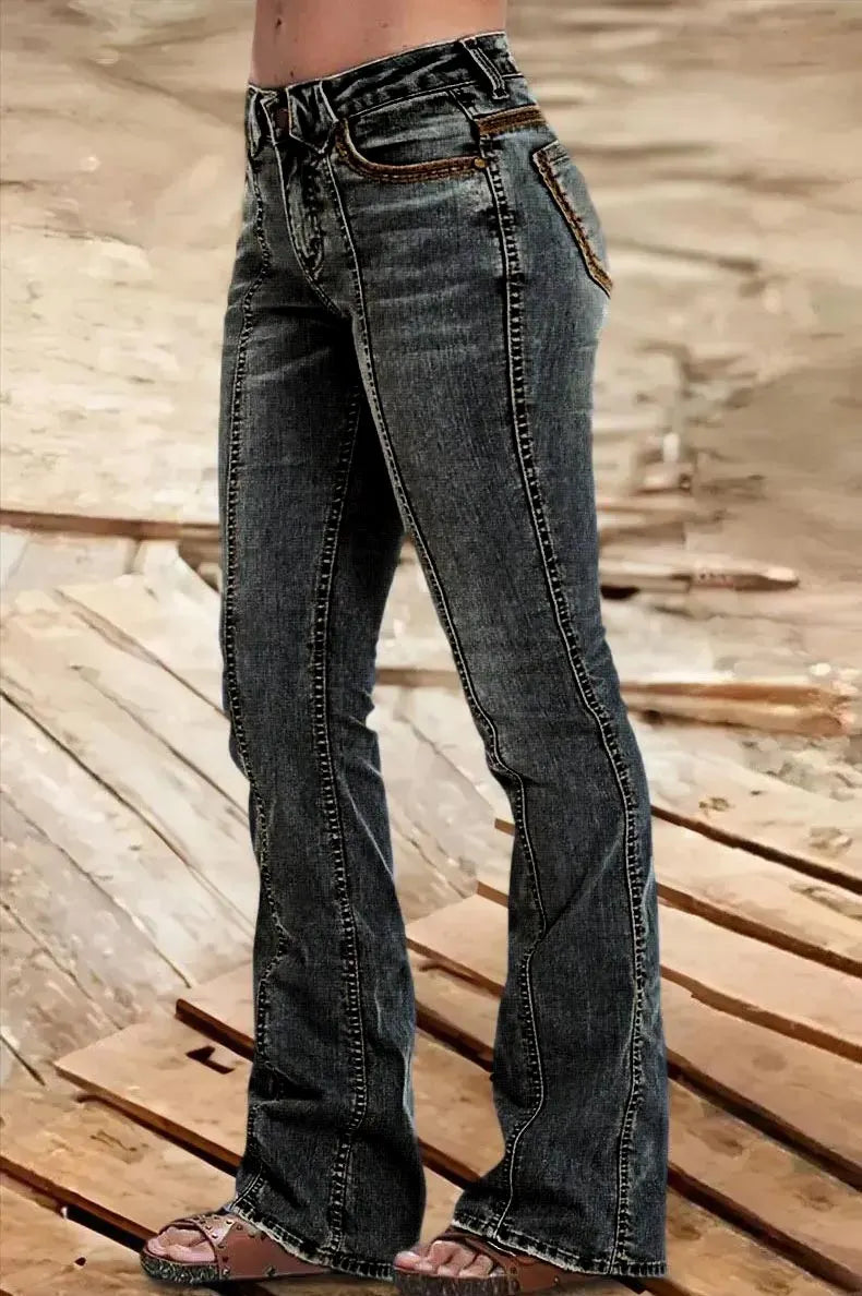 Wash Contrast Stitch Low Waist Bootcut Jeans