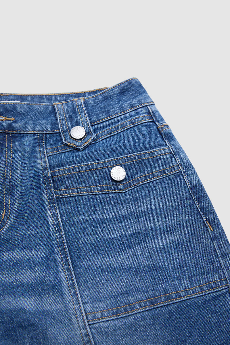 Roll & Raw Hem Stitch Detail Flap Decor High Waist Tapered Cropped Jeans