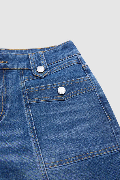 Roll & Raw Hem Stitch Detail Flap Decor High Waist Tapered Cropped Jeans