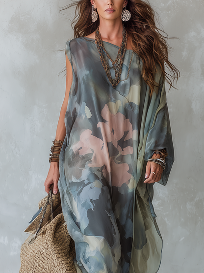 Robe fluide à imprimé abstrait bleu-gris bohème