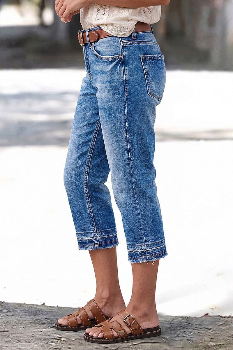 Wash Raw Hem Mid Waist Straight Leg Capri Jeans Without Belt