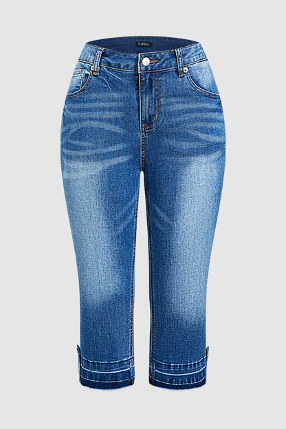 Raw Hem Button Tab Mid Waist Skinny Capri Jeans