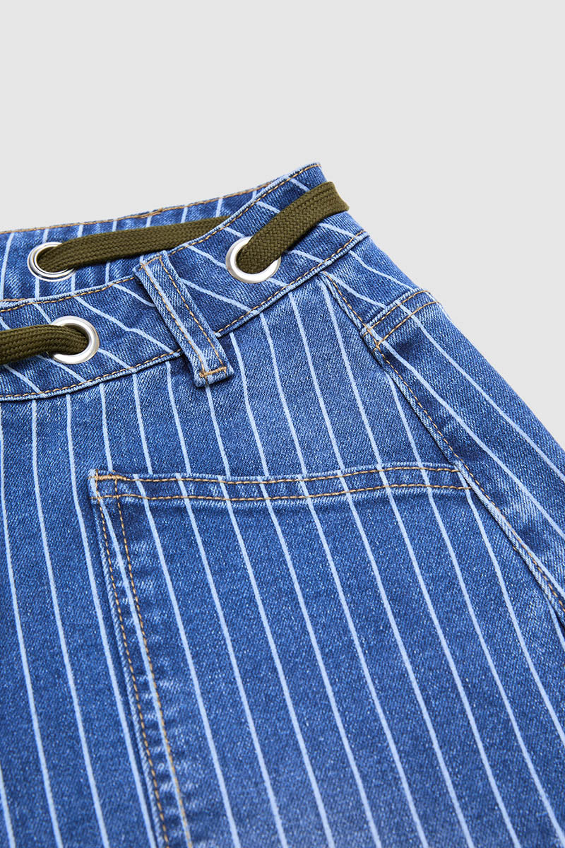 Pinstripe Drawstring Patched Pocket High Waist Straight Leg Crop Jeans