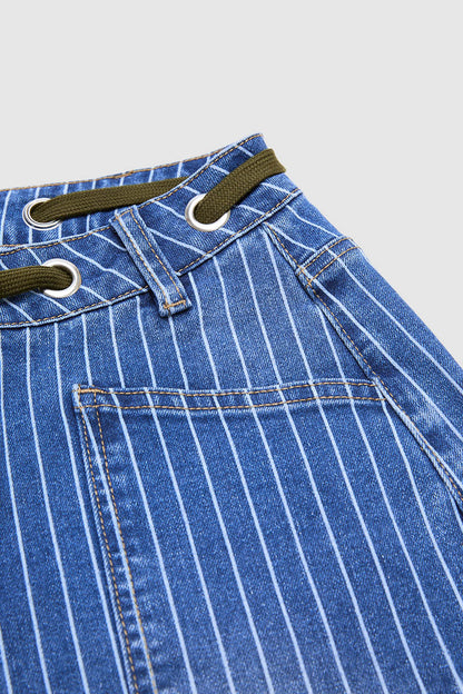 Pinstripe Drawstring Patched Pocket High Waist Straight Leg Crop Jeans