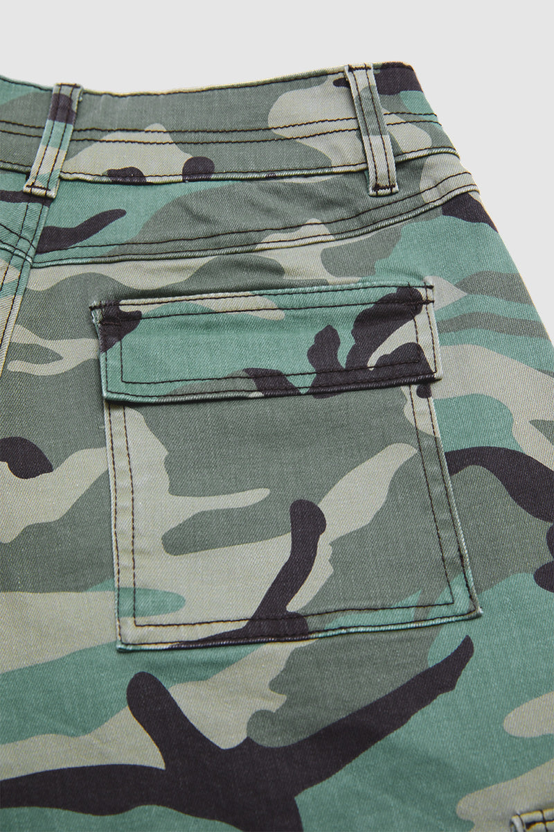 Camo Print Flap Pocket Mid Waist Straight Leg Cargo Pants
