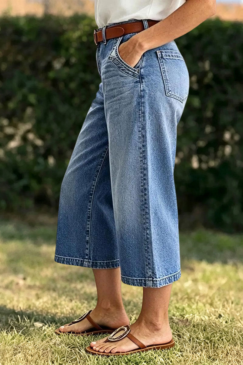 Wash Stitch Detail Mid Waist Wide Leg Capri Jeans Without Belt