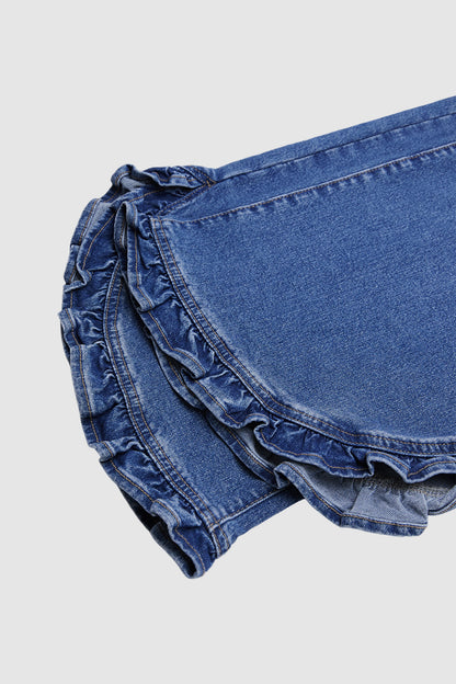 Ruffle Split Hem Pleated Mid Waist Wide Leg Jeans Without Belt