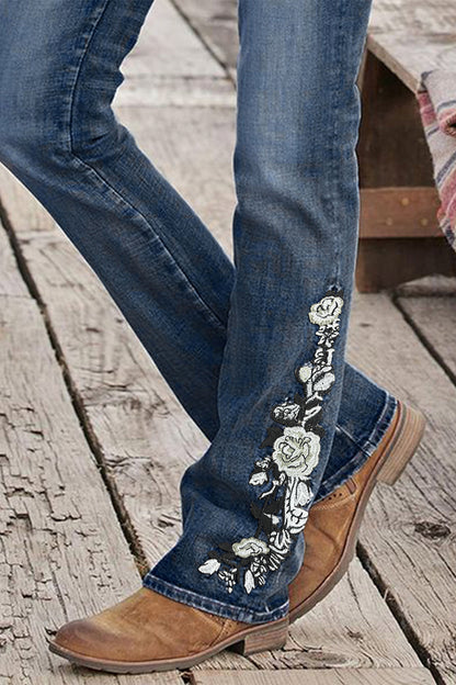 Washed Floral Embroidery Stretchy Mid Waist Bootcut Jeans