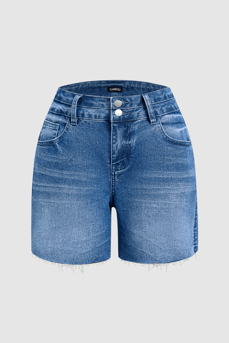 Wash Split Raw Hem Flap Pocket Mid Rise Denim Shorts